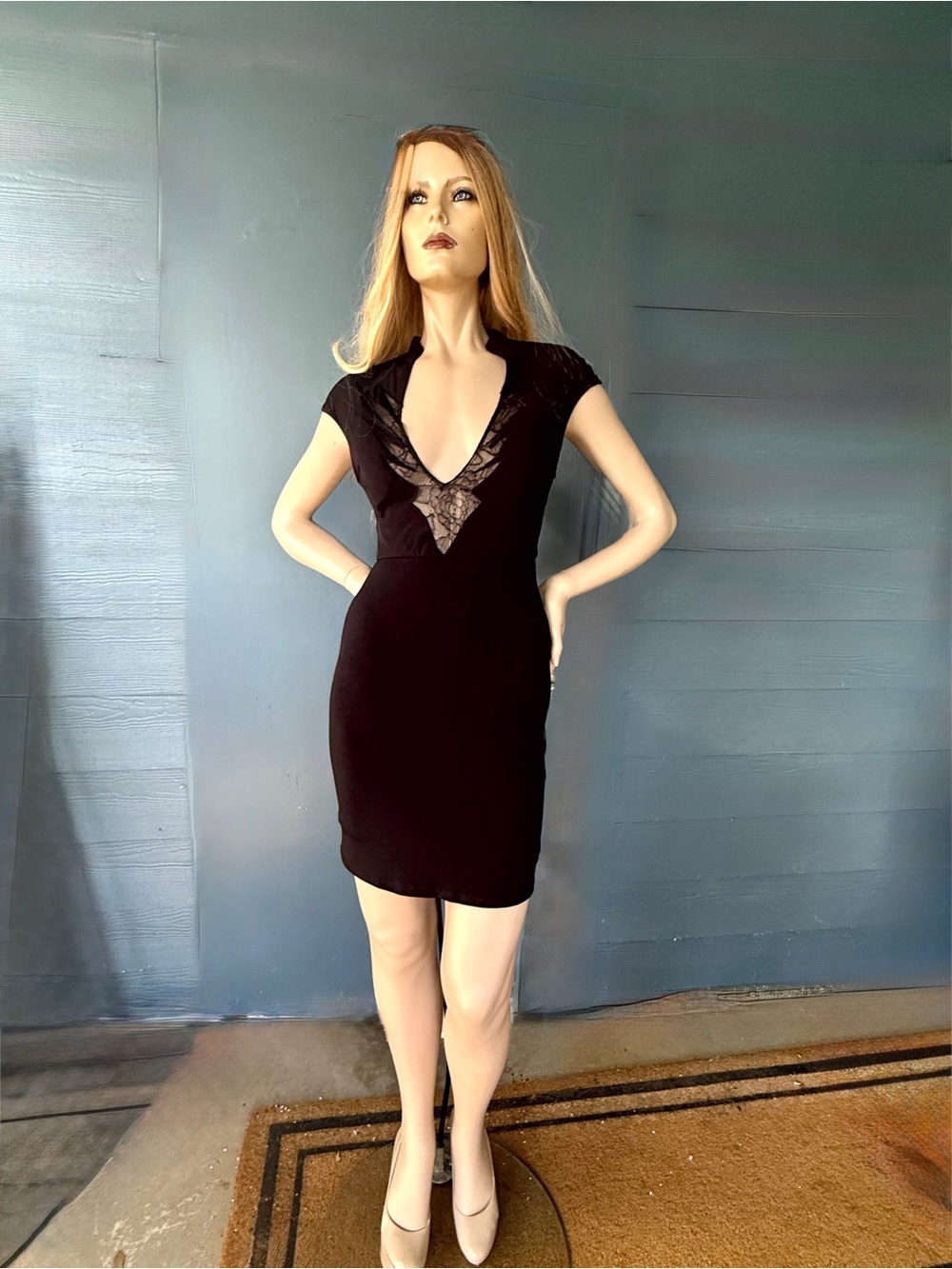 Sleek Black V-Neck Lace-Insert Mini Dress